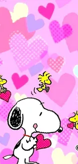 Cute pink wallpaper with cartoon hearts.