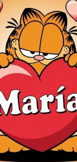 Cartoon character holding red heart with name María.