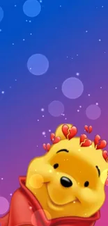 Cartoon bear with heartbreak emojis on gradient background.