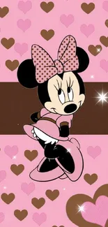 Cute cartoon character with pink and brown heart pattern wallpaper.