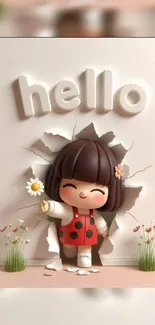 Cute cartoon character breaking wall with 'hello' text and flowers.