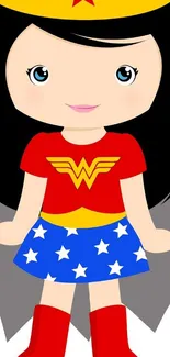 Cartoon hero girl with starry skirt and red top.