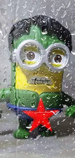 Superhero toy character with green costume behind raindrop window wallpaper.