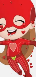 Cute cartoon superhero in vibrant red attire.