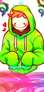 Cartoon character in green hoodie with playful background.