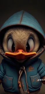 Adorable cartoon duck in a blue hoodie with large eyes.
