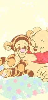 Cute cartoon wallpaper with two hugging characters.