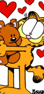 Cartoon character hugging teddy bear surrounded by hearts.