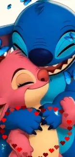 Cute cartoon characters hugging with hearts