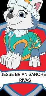 Colorful cartoon husky with red shield and green jacket.