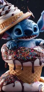 Adorable cartoon character in dessert scene with ice cream and sprinkles.