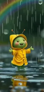 Cute cartoon character in rain with rainbow background.