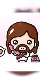 Cute cartoon Jesus with a phone illustration on pink background.