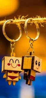 Cute wooden keychains hanging as art.