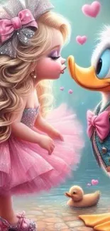 Girl and duck sharing a sweet moment in cartoon wallpaper.