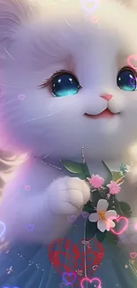 Cute cartoon kitten holding flowers with colorful hearts.