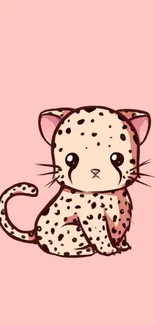 Adorable spotted cartoon kitten on pink background.