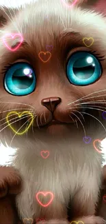 Cute cartoon kitten with bright blue eyes and fluffy fur.