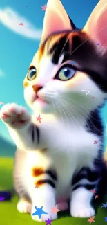 Cute cartoon kitten with colorful star background.