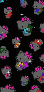 Cute cartoon kitty pattern wallpaper with colorful accents.