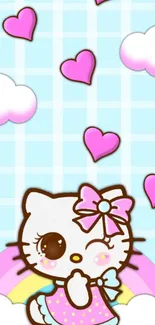 Cute cartoon kitty with pink hearts and clouds.