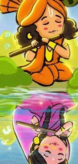 Cartoon Krishna with peaceful reflection.