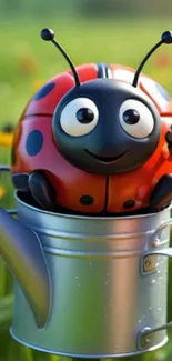 Cartoon ladybug in a garden watering can with flowers.