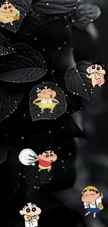 Cute cartoon characters on dark leaves.