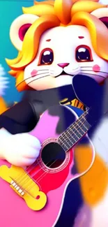 Cute cartoon lion playing a pink guitar on a vibrant wallpaper.