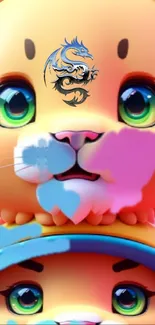 Cute cartoon lion with green eyes on a colorful phone wallpaper.