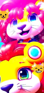 Colorful cartoon lions mobile phone wallpaper, vibrant and charming.