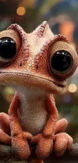 Cute lizard cartoon with big eyes on a branch.