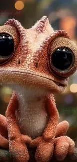 Charming cartoon lizard with big eyes on a colorful background.