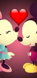 Cute cartoon characters sharing a kiss with a heart above.