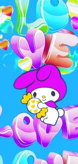 Colorful cartoon love wallpaper with a cute pink character.