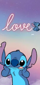 Cute cartoon love wallpaper with blue characters on a pastel background.