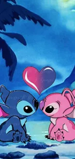 Cute cartoon characters in love under a blue night sky with a heart.