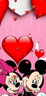 Cute cartoon couple with hearts on a pink background.