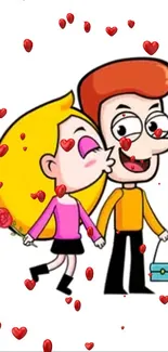 Cute cartoon couple with red hearts background, ideal for mobile wallpaper.