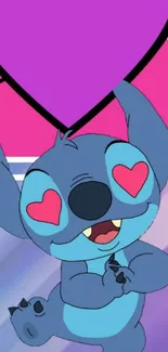 Cute cartoon character with heart eyes and a purple heart background.