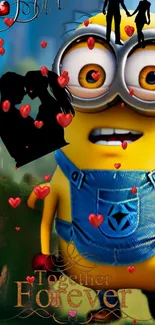 Cute yellow cartoon character with hearts in love-themed wallpaper.