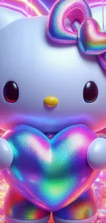 Cute cartoon character with rainbow heart and bow, vibrant mobile wallpaper.