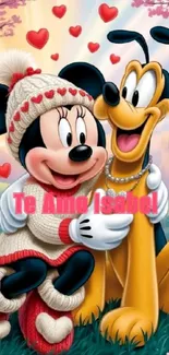 Cartoon characters with hearts in background.