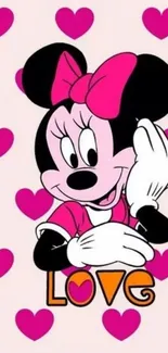 Cartoon character with pink hearts and love theme.