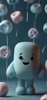 Cute cartoon marshmallow character with floating candies on blue background.