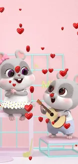 Cartoon mice with guitar on pink background.