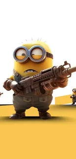 Cartoon Minion with a weapon on yellow background.