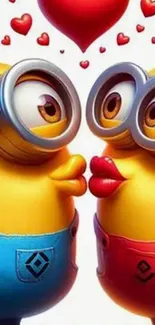 Cartoon minions kissing with red hearts.
