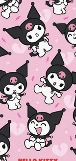 Playful cartoon characters on pink wallpaper with cute designs.