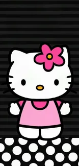 Cute cartoon mobile wallpaper with a pink-dressed character on striped background.